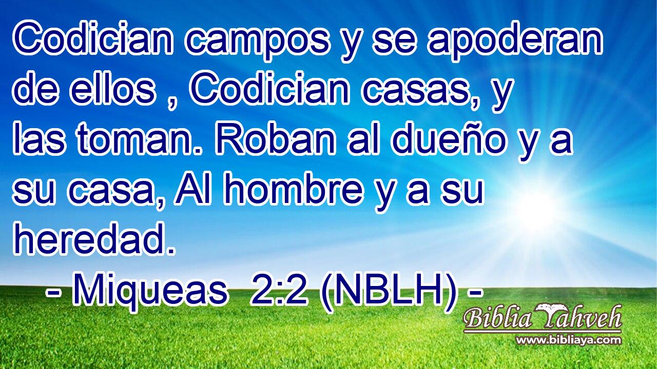  Codician campos y se apoderan de ellos , Codician casas, y las toman. Roban al dueño y a su casa, Al hombre y a su heredad. 