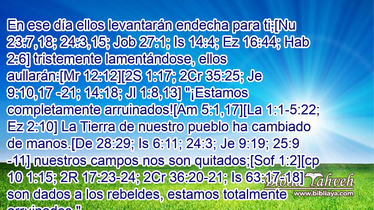  En ese día ellos levantarán endecha para ti;[Nu 23:7,18; 24:3,15; Job 27:1; Is 14:4; Ez 16:44; Hab 2:6] tristemente lamentándose, ellos aullarán:[Mr 12:12][2S 1:17; 2Cr 35:25; Je 9:10,17 -21; 14:18; Jl 1:8,13] 