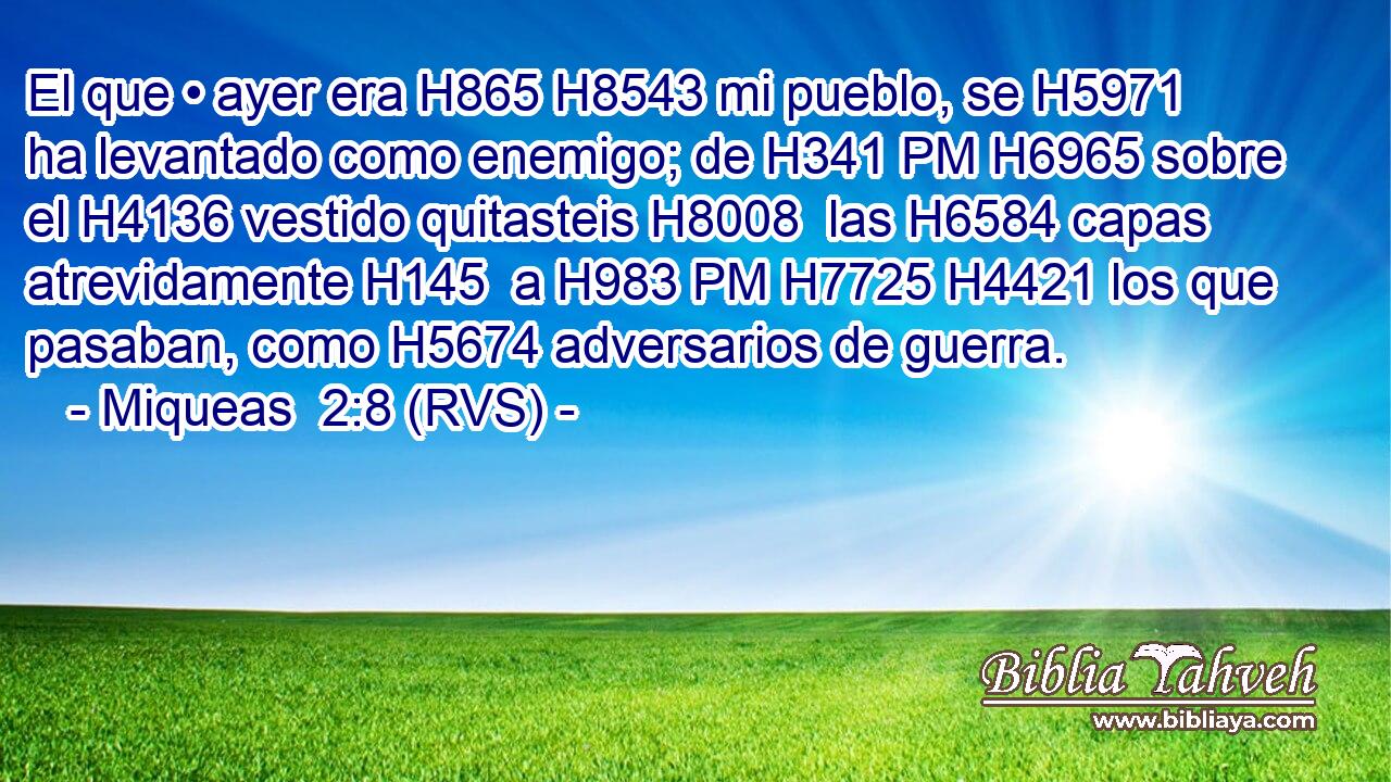 El que • ayer era H865 H8543 mi pueblo, se H5971 ha levantado como enemigo; de H341 PM H6965 sobre el H4136 vestido quitasteis H8008  las H6584 capas atrevidamente H145  a H983 PM H7725 H4421 los que pasaban, como H5674 adversarios de guerra. 