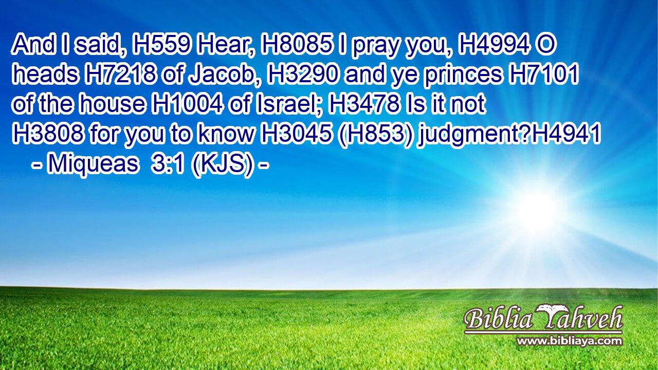 And I said, H559 Hear, H8085 I pray you, H4994 O heads H7218 of Jacob, H3290 and ye princes H7101 of the house H1004 of Israel; H3478 Is it not H3808 for you to know H3045 (H853) judgment?H4941