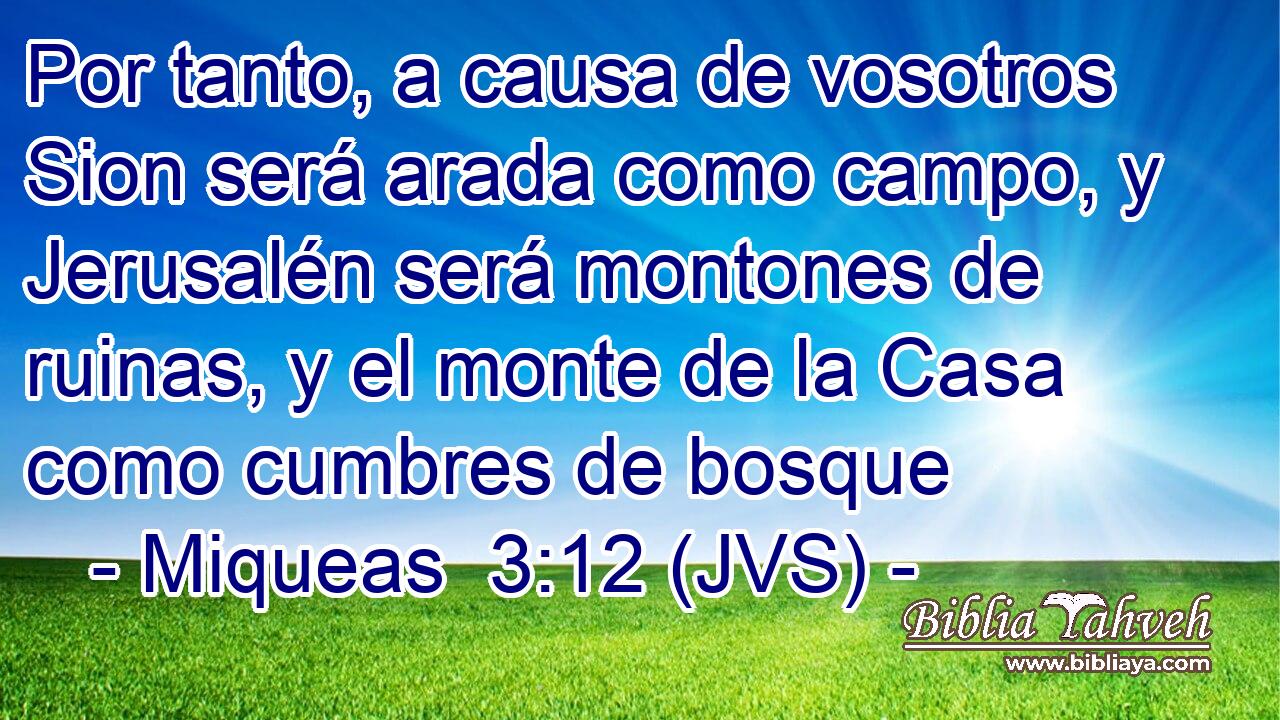 Por tanto, a causa de vosotros Sion será arada como campo, y Jerusalén será montones de ruinas, y el monte de la Casa como cumbres de bosque