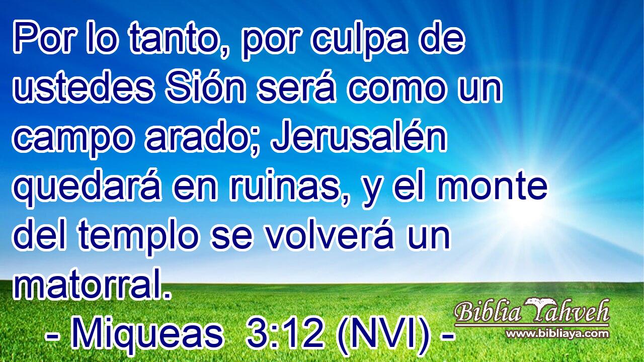  Por lo tanto, por culpa de ustedes Sión será como un campo arado; Jerusalén quedará en ruinas, y el monte del templo se volverá un matorral. 