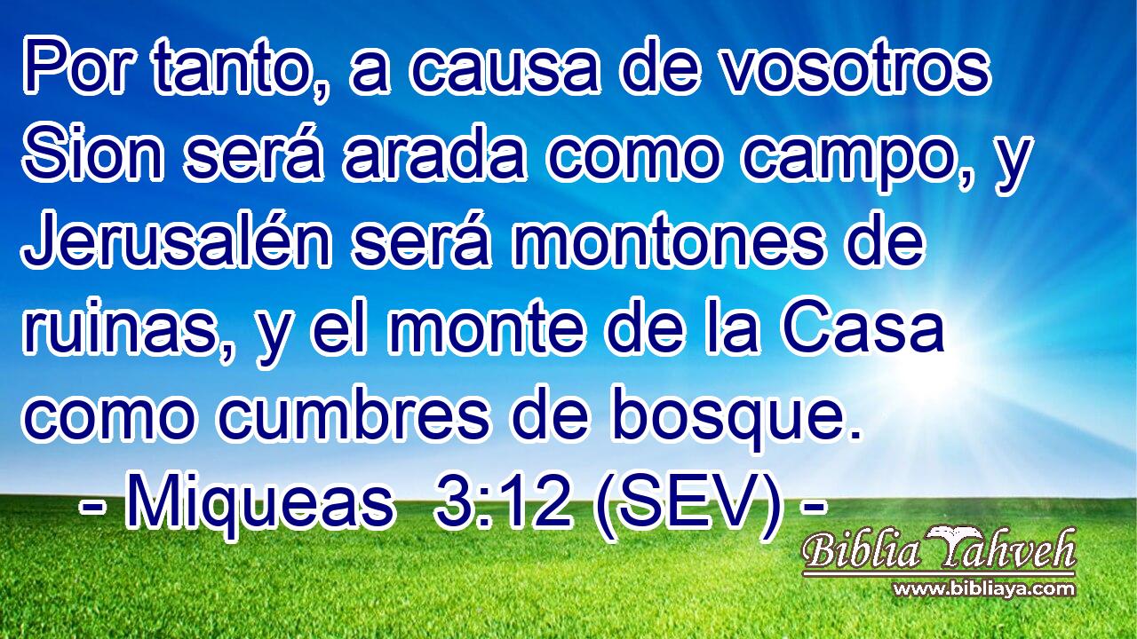 Por tanto, a causa de vosotros Sion será arada como campo, y Jerusalén será montones de ruinas, y el monte de la Casa como cumbres de bosque.