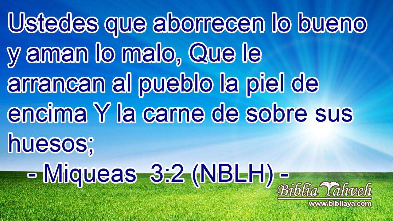  Ustedes que aborrecen lo bueno y aman lo malo, Que le arrancan al pueblo la piel de encima Y la carne de sobre sus huesos; 