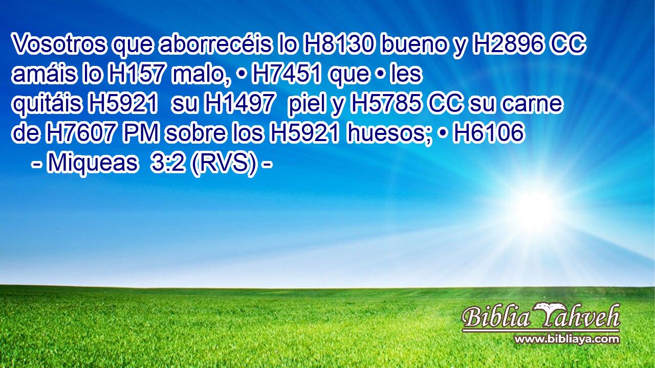 Vosotros que aborrecéis lo H8130 bueno y H2896 CC amáis lo H157 malo, • H7451 que • les quitáis H5921  su H1497  piel y H5785 CC su carne de H7607 PM sobre los H5921 huesos; • H6106  