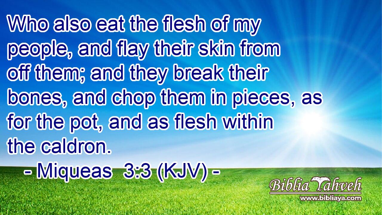 Who also eat the flesh of my people, and flay their skin from off them; and they break their bones, and chop them in pieces, as for the pot, and as flesh within the caldron.