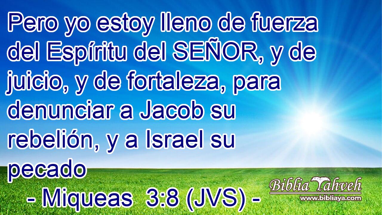 Pero yo estoy lleno de fuerza del Espíritu del SEÑOR, y de juicio, y de fortaleza, para denunciar a Jacob su rebelión, y a Israel su pecado