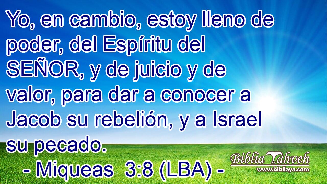 Yo, en cambio, estoy lleno de poder, del Espíritu del SEÑOR, y de juicio y de valor, para dar a conocer a Jacob su rebelión, y a Israel su pecado.