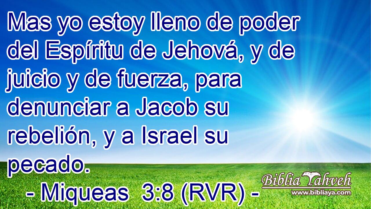 Mas yo estoy lleno de poder del Espíritu de Jehová, y de juicio y de fuerza, para denunciar a Jacob su rebelión, y a Israel su pecado.