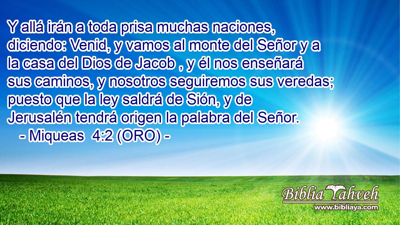  Y allá irán a toda prisa muchas naciones, diciendo: Venid, y vamos al monte del Señor y a la casa del Dios de Jacob , y él nos enseñará sus caminos, y nosotros seguiremos sus veredas; puesto que la ley saldrá de Sión, y de Jerusalén tendrá origen la palabra del Señor. 
