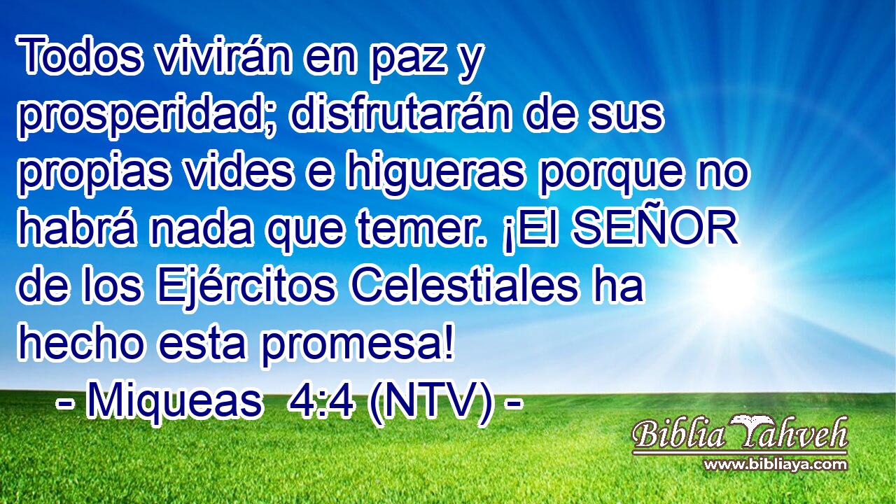 Todos vivirán en paz y prosperidad; disfrutarán de sus propias vides e higueras porque no habrá nada que temer. ¡El SEÑOR de los Ejércitos Celestiales ha hecho esta promesa!