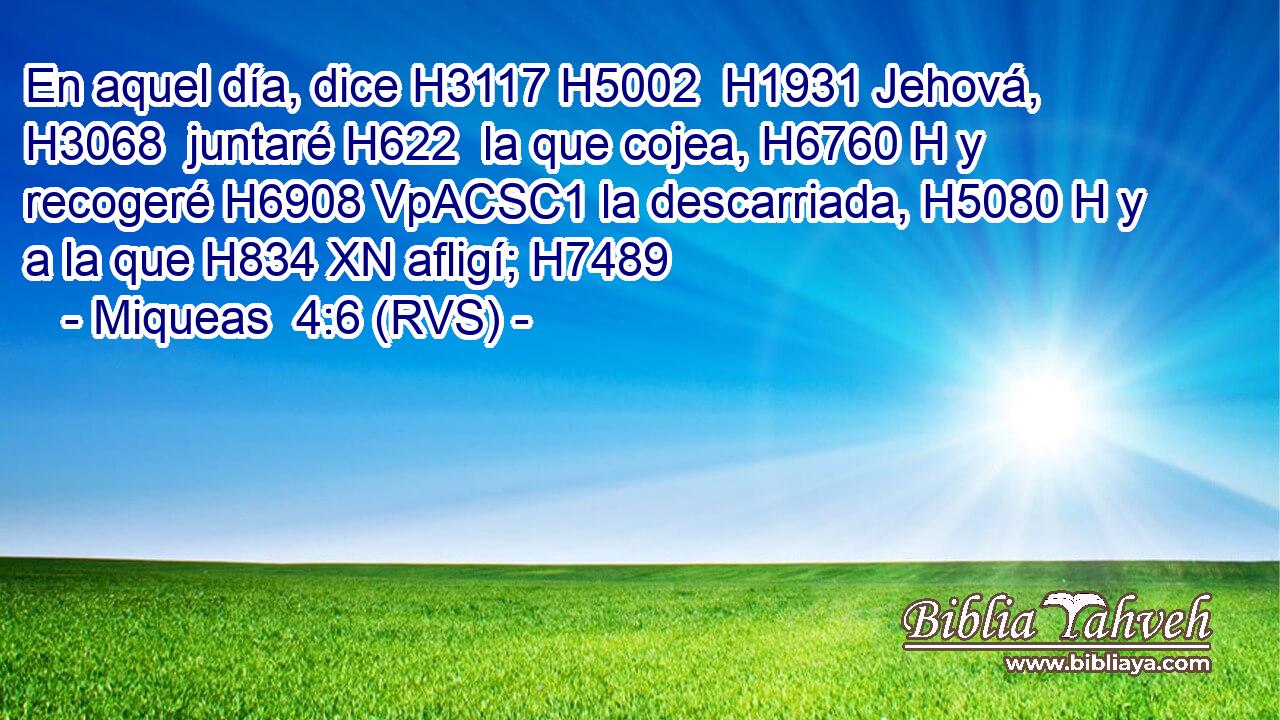 En aquel día, dice H3117 H5002  H1931 Jehová, H3068  juntaré H622  la que cojea, H6760 H y recogeré H6908 VpACSC1 la descarriada, H5080 H y a la que H834 XN afligí; H7489  