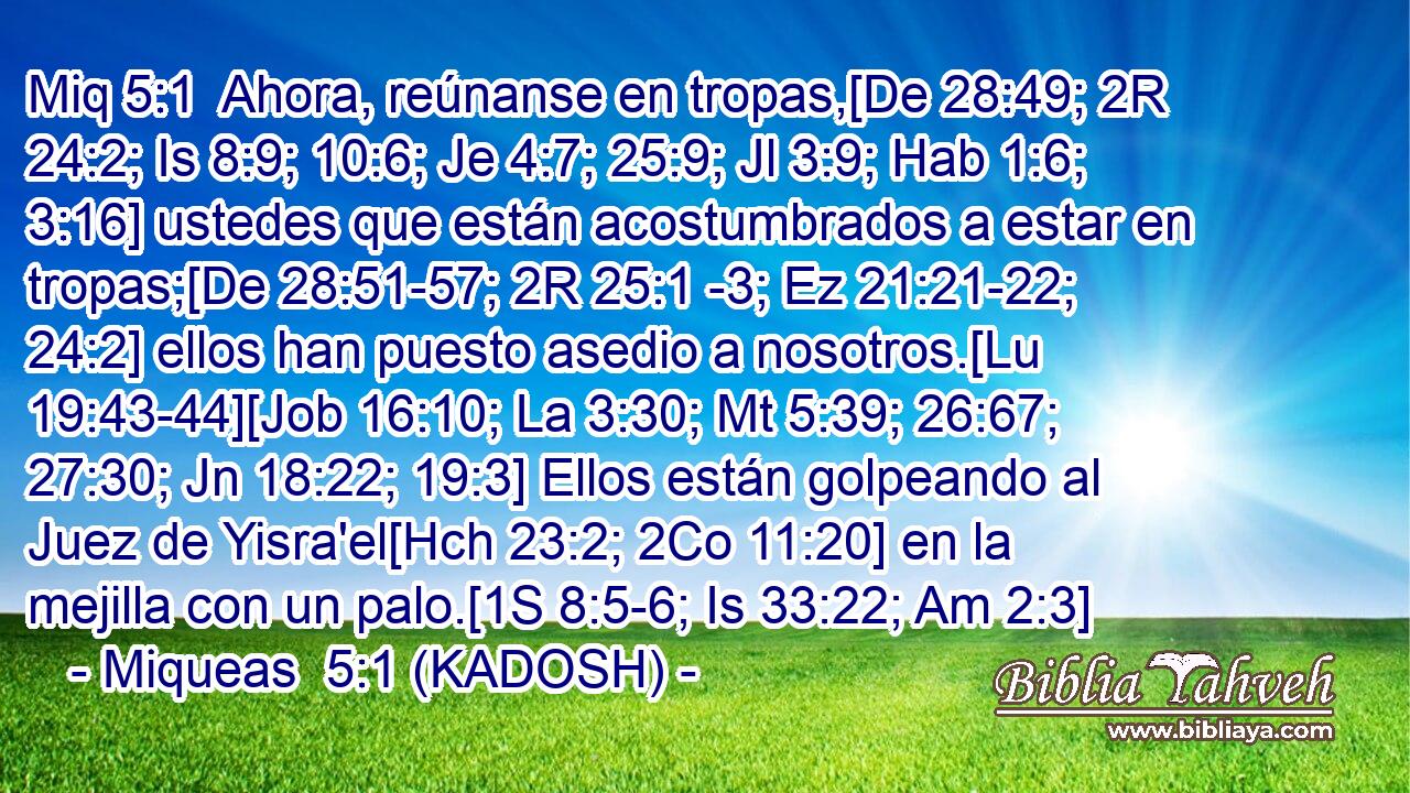  Ahora, reúnanse en tropas,[De 28:49; 2R 24:2; Is 8:9; 10:6; Je 4:7; 25:9; Jl 3:9; Hab 1:6; 3:16] ustedes que están acostumbrados a estar en tropas;[De 28:51-57; 2R 25:1 -3; Ez 21:21-22; 24:2] ellos han puesto asedio a nosotros.[Lu 19:43-44][Job 16:10; La 3:30; Mt 5:39; 26:67; 27:30; Jn 18:22; 19:3] Ellos están golpeando al Juez de Yisra'el[Hch 23:2; 2Co 11:20] en la mejilla con un palo.[1S 8:5-6; Is 33:22; Am 2:3] 