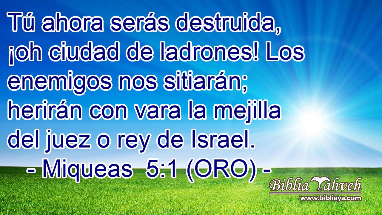  Tú ahora serás destruida, ¡oh ciudad de ladrones! Los enemigos nos sitiarán; herirán con vara la mejilla del juez o rey de Israel. 