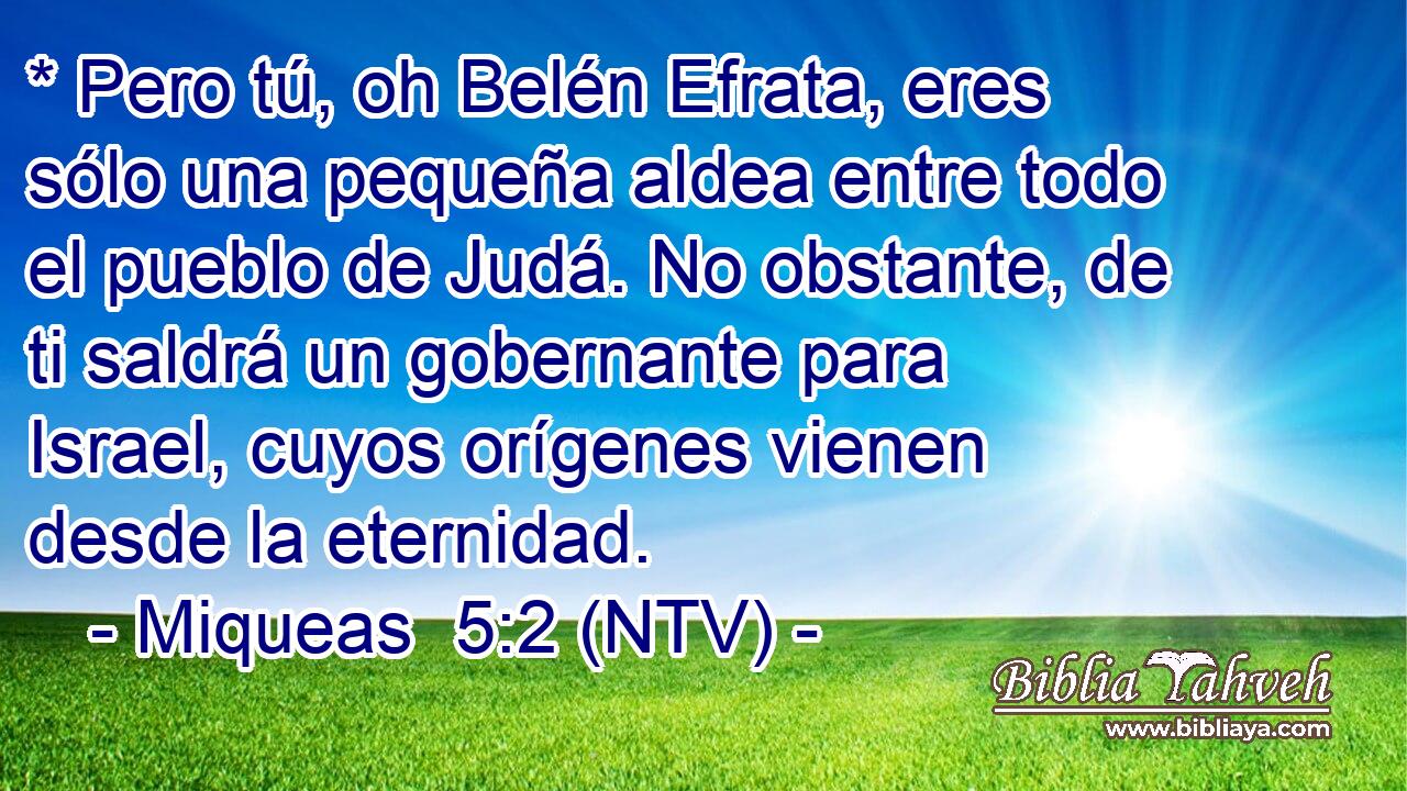* Pero tú, oh Belén Efrata, eres sólo una pequeña aldea entre todo el pueblo de Judá. No obstante, de ti saldrá un gobernante para Israel, cuyos orígenes vienen desde la eternidad.
