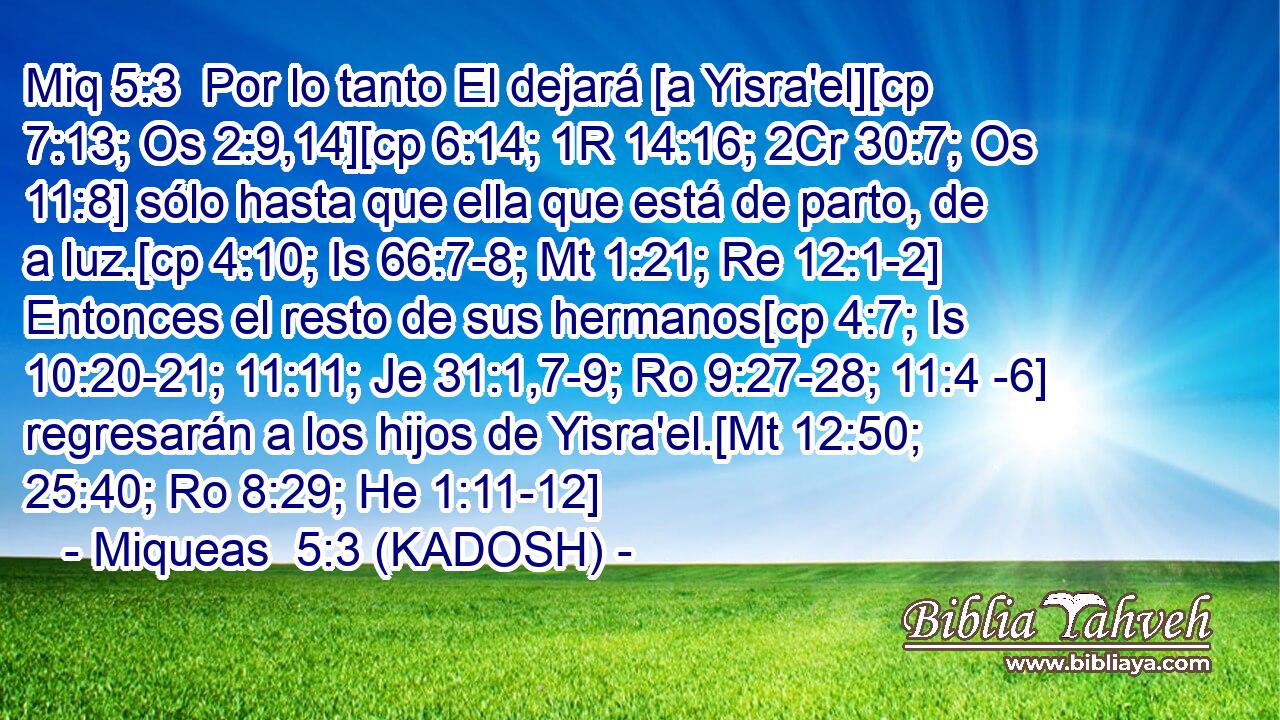  Por lo tanto El dejará [a Yisra'el][cp 7:13; Os 2:9,14][cp 6:14; 1R 14:16; 2Cr 30:7; Os 11:8] sólo hasta que ella que está de parto, de a luz.[cp 4:10; Is 66:7-8; Mt 1:21; Re 12:1-2] Entonces el resto de sus hermanos[cp 4:7; Is 10:20-21; 11:11; Je 31:1,7-9; Ro 9:27-28; 11:4 -6] regresarán a los hijos de Yisra'el.[Mt 12:50; 25:40; Ro 8:29; He 1:11-12] 
