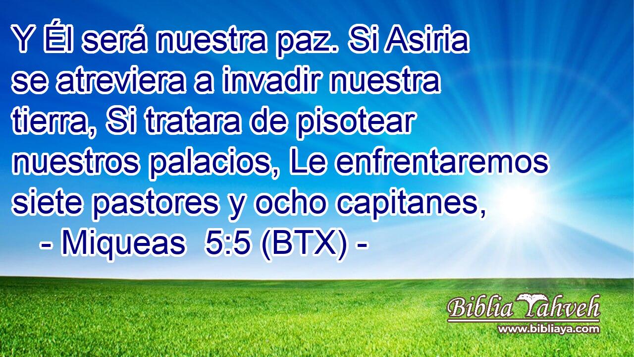Y Él será nuestra paz. Si Asiria se atreviera a invadir nuestra tierra, Si tratara de pisotear nuestros palacios, Le enfrentaremos siete pastores y ocho capitanes,