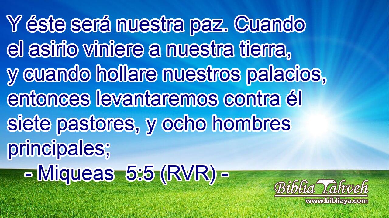 Y éste será nuestra paz. Cuando el asirio viniere a nuestra tierra, y cuando hollare nuestros palacios, entonces levantaremos contra él siete pastores, y ocho hombres principales;
