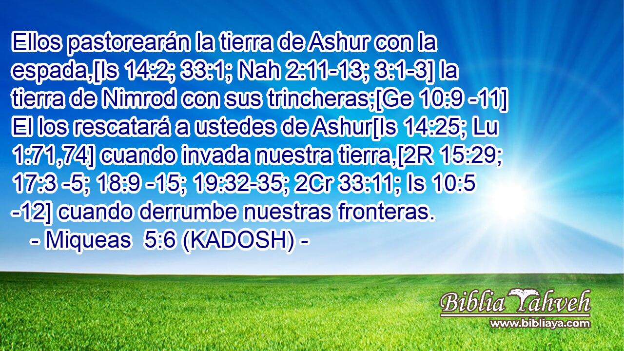  Ellos pastorearán la tierra de Ashur con la espada,[Is 14:2; 33:1; Nah 2:11-13; 3:1-3] la tierra de Nimrod con sus trincheras;[Ge 10:9 -11] El los rescatará a ustedes de Ashur[Is 14:25; Lu 1:71,74] cuando invada nuestra tierra,[2R 15:29; 17:3 -5; 18:9 -15; 19:32-35; 2Cr 33:11; Is 10:5 -12] cuando derrumbe nuestras fronteras. 