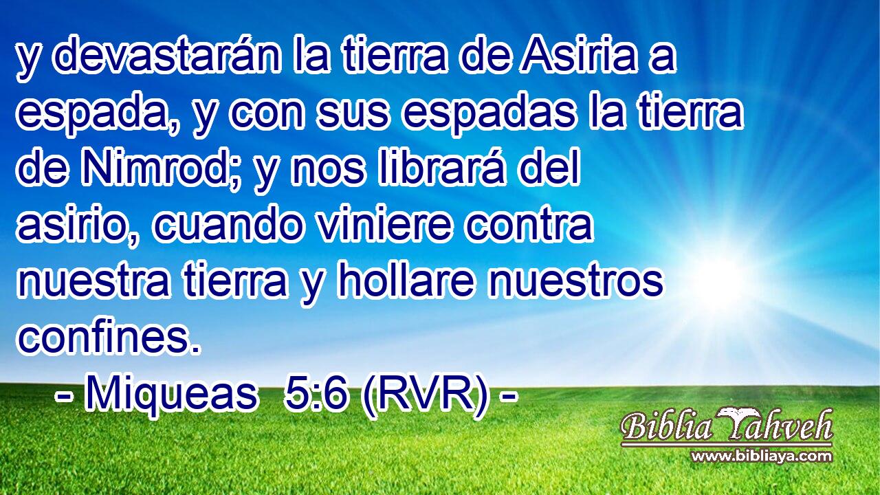 y devastarán la tierra de Asiria a espada, y con sus espadas la tierra de Nimrod; y nos librará del asirio, cuando viniere contra nuestra tierra y hollare nuestros confines.