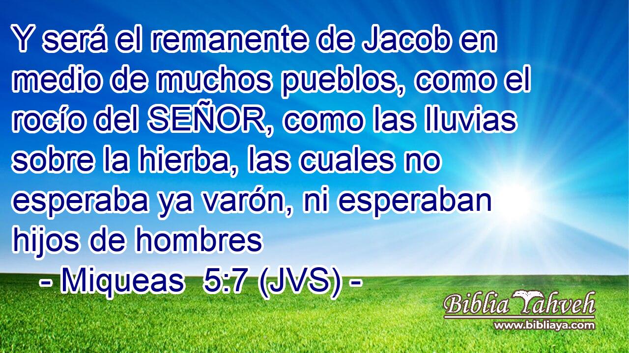 Y será el remanente de Jacob en medio de muchos pueblos, como el rocío del SEÑOR, como las lluvias sobre la hierba, las cuales no esperaba ya varón, ni esperaban hijos de hombres