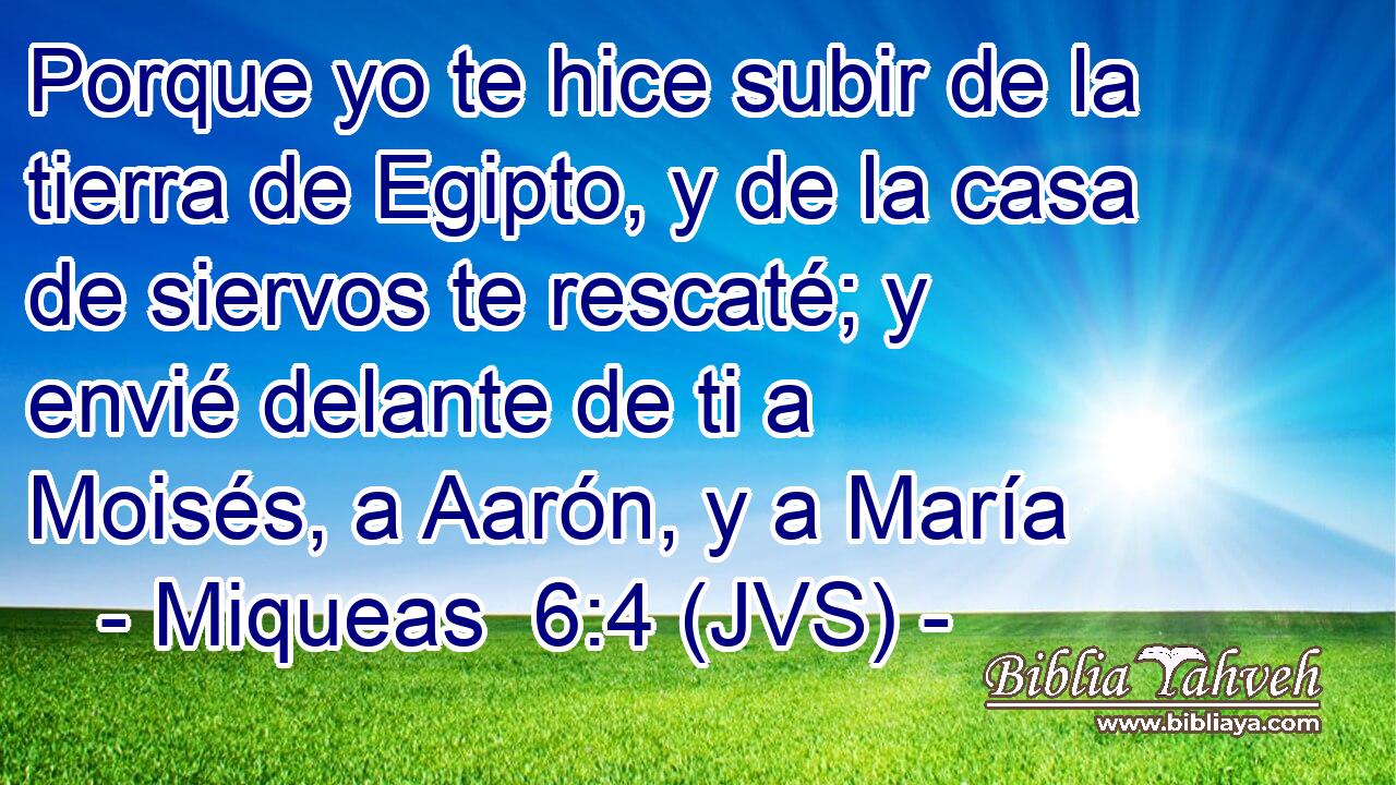 Porque yo te hice subir de la tierra de Egipto, y de la casa de siervos te rescaté; y envié delante de ti a Moisés, a Aarón, y a María
