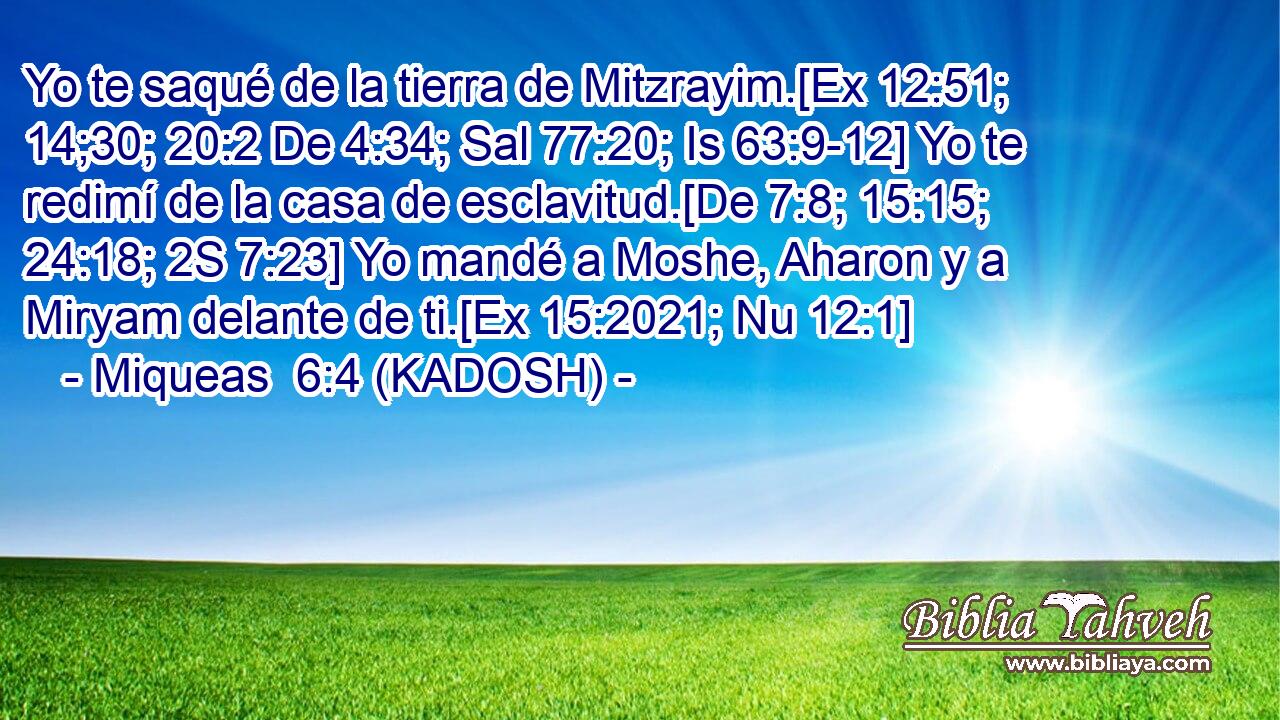  Yo te saqué de la tierra de Mitzrayim.[Ex 12:51; 14;30; 20:2 De 4:34; Sal 77:20; Is 63:9-12] Yo te redimí de la casa de esclavitud.[De 7:8; 15:15; 24:18; 2S 7:23] Yo mandé a Moshe, Aharon y a Miryam delante de ti.[Ex 15:2021; Nu 12:1] 