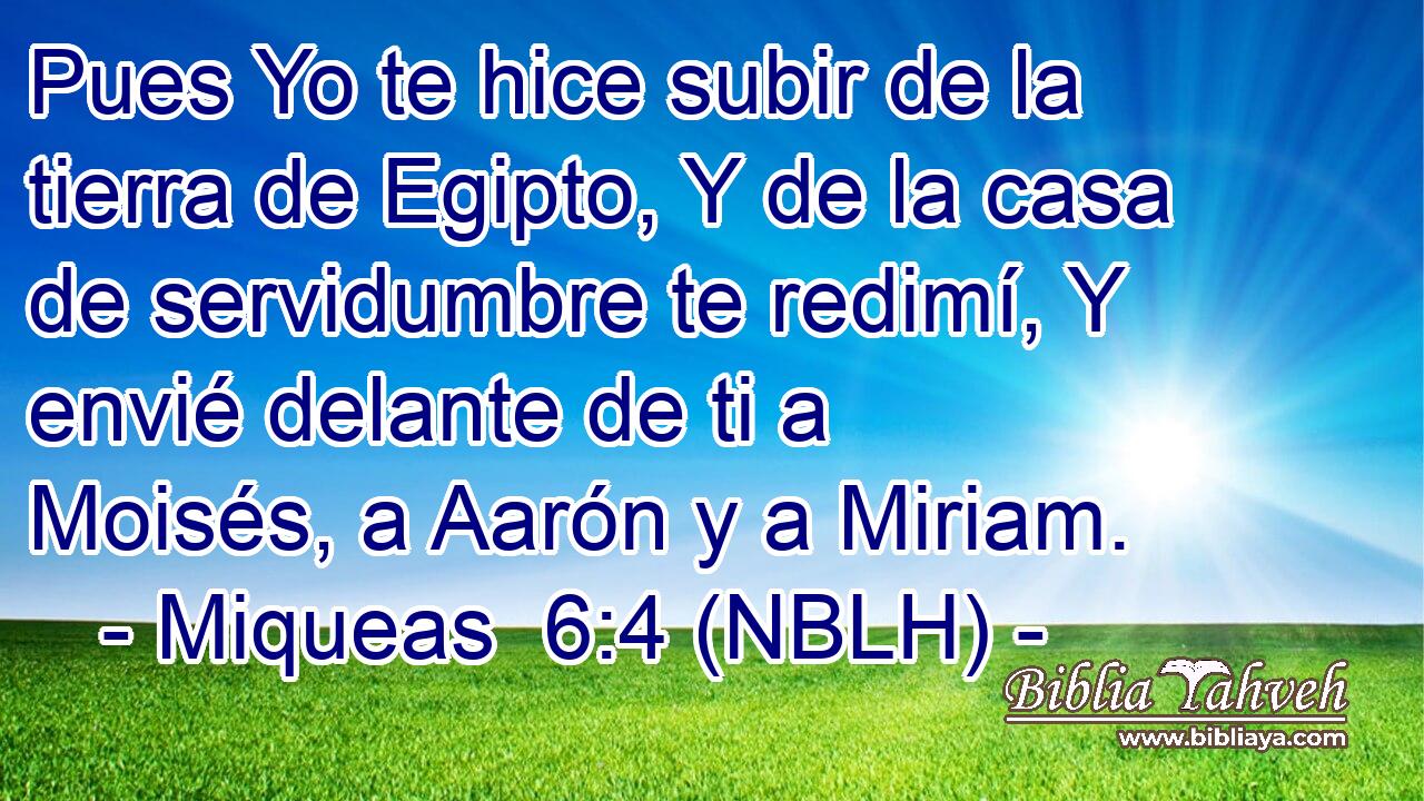  Pues Yo te hice subir de la tierra de Egipto, Y de la casa de servidumbre te redimí, Y envié delante de ti a Moisés, a Aarón y a Miriam. 