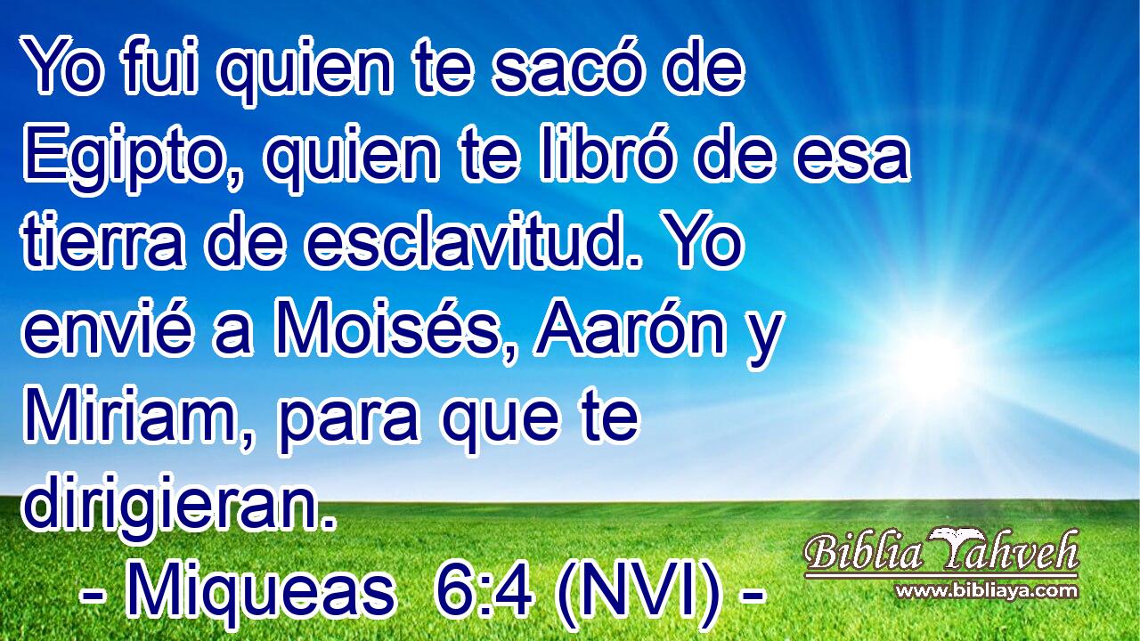  Yo fui quien te sacó de Egipto, quien te libró de esa tierra de esclavitud. Yo envié a Moisés, Aarón y Miriam, para que te dirigieran. 