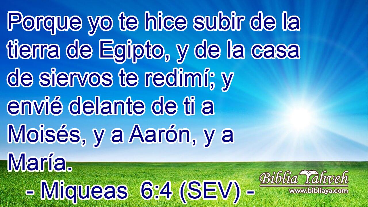 Porque yo te hice subir de la tierra de Egipto, y de la casa de siervos te redimí; y envié delante de ti a Moisés, y a Aarón, y a María.