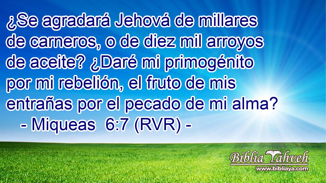 ¿Se agradará Jehová de millares de carneros, o de diez mil arroyos de aceite? ¿Daré mi primogénito por mi rebelión, el fruto de mis entrañas por el pecado de mi alma?