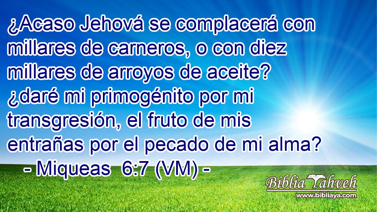  ¿Acaso Jehová se complacerá con millares de carneros, o con diez millares de arroyos de aceite? ¿daré mi primogénito por mi transgresión, el fruto de mis entrañas por el pecado de mi alma? 
