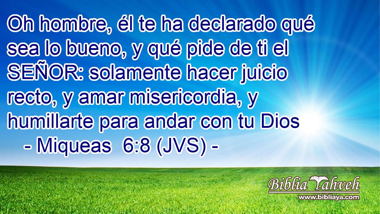 Oh hombre, él te ha declarado qué sea lo bueno, y qué pide de ti el SEÑOR: solamente hacer juicio recto, y amar misericordia, y humillarte para andar con tu Dios