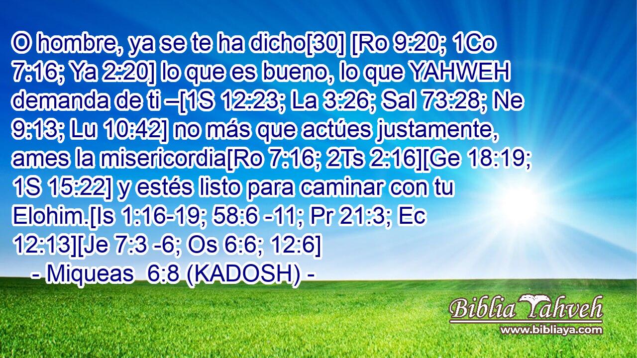  O hombre, ya se te ha dicho[30] [Ro 9:20; 1Co 7:16; Ya 2:20] lo que es bueno, lo que YAHWEH demanda de ti –[1S 12:23; La 3:26; Sal 73:28; Ne 9:13; Lu 10:42] no más que actúes justamente, ames la misericordia[Ro 7:16; 2Ts 2:16][Ge 18:19; 1S 15:22] y estés listo para caminar con tu Elohim.[Is 1:16-19; 58:6 -11; Pr 21:3; Ec 12:13][Je 7:3 -6; Os 6:6; 12:6] 
