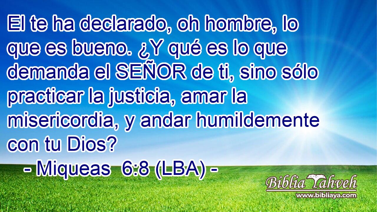 El te ha declarado, oh hombre, lo que es bueno. ¿Y qué es lo que demanda el SEÑOR de ti, sino sólo practicar la justicia, amar la misericordia, y andar humildemente con tu Dios?