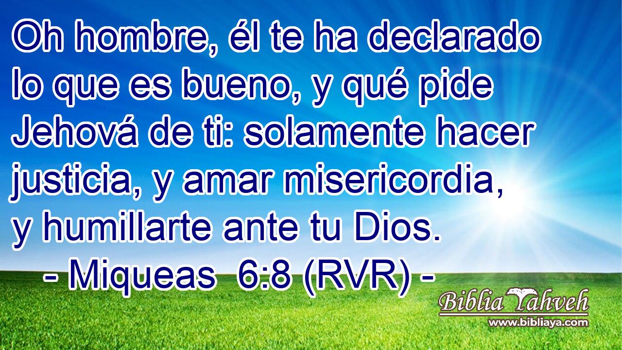 Oh hombre, él te ha declarado lo que es bueno, y qué pide Jehová de ti: solamente hacer justicia, y amar misericordia, y humillarte ante tu Dios.