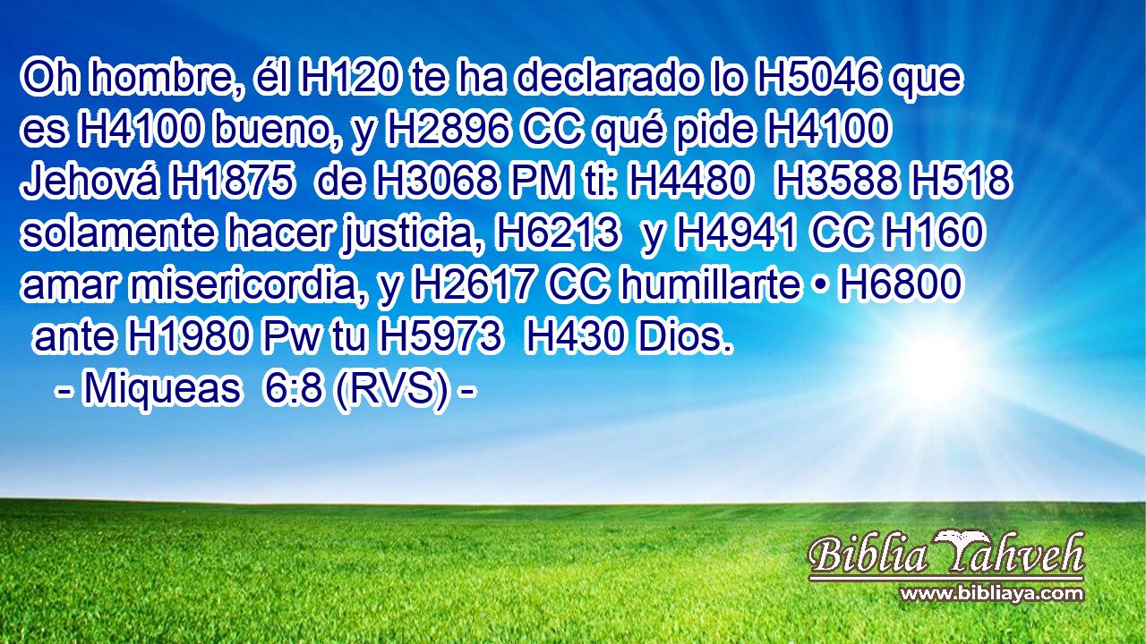 Oh hombre, él H120 te ha declarado lo H5046 que es H4100 bueno, y H2896 CC qué pide H4100  Jehová H1875  de H3068 PM ti: H4480  H3588 H518 solamente hacer justicia, H6213  y H4941 CC H160 amar misericordia, y H2617 CC humillarte • H6800  ante H1980 Pw tu H5973  H430 Dios. 