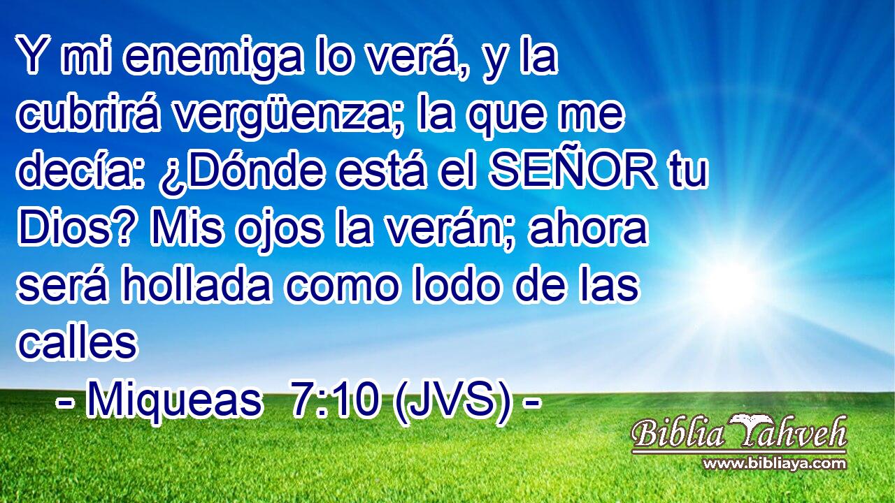 Y mi enemiga lo verá, y la cubrirá vergüenza; la que me decía: ¿Dónde está el SEÑOR tu Dios? Mis ojos la verán; ahora será hollada como lodo de las calles