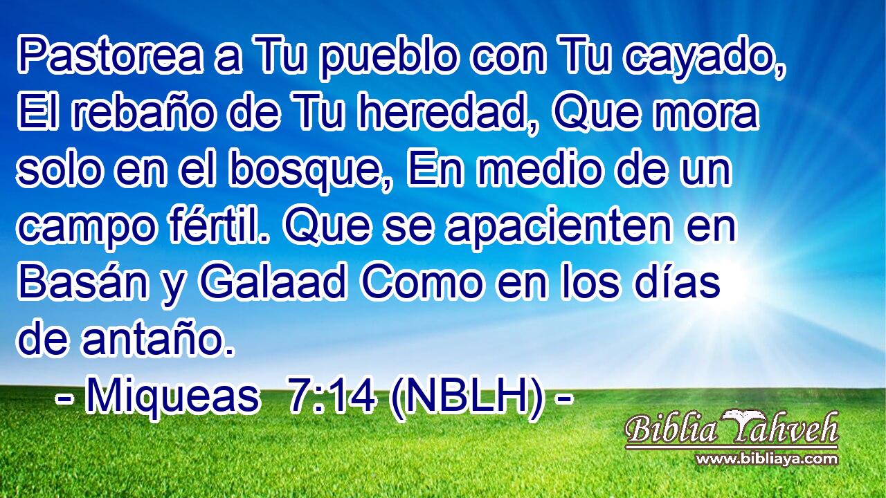  Pastorea a Tu pueblo con Tu cayado, El rebaño de Tu heredad, Que mora solo en el bosque, En medio de un campo fértil. Que se apacienten en Basán y Galaad Como en los días de antaño. 