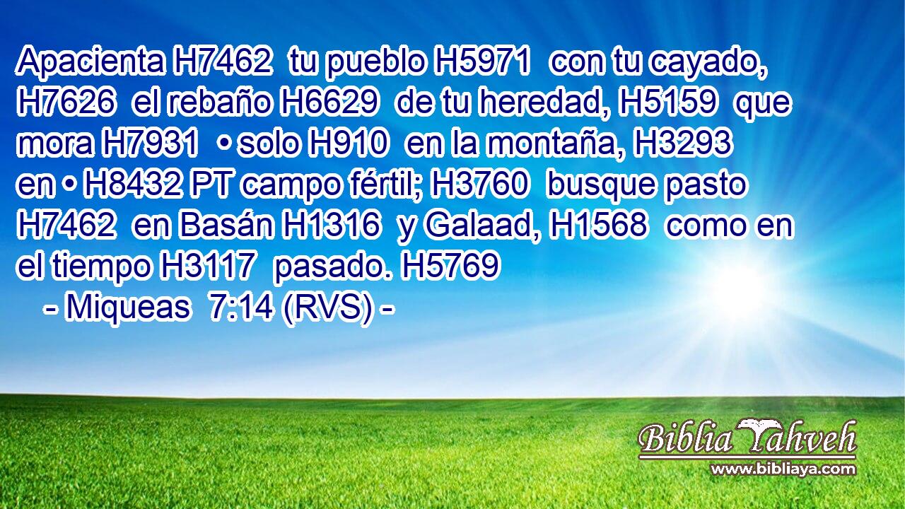 Apacienta H7462  tu pueblo H5971  con tu cayado, H7626  el rebaño H6629  de tu heredad, H5159  que mora H7931  • solo H910  en la montaña, H3293  en • H8432 PT campo fértil; H3760  busque pasto H7462  en Basán H1316  y Galaad, H1568  como en el tiempo H3117  pasado. H5769  