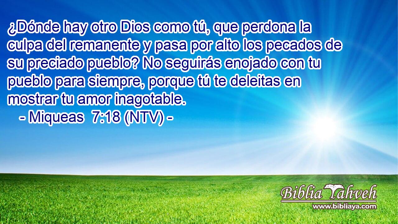 ¿Dónde hay otro Dios como tú, que perdona la culpa del remanente y pasa por alto los pecados de su preciado pueblo? No seguirás enojado con tu pueblo para siempre, porque tú te deleitas en mostrar tu amor inagotable.