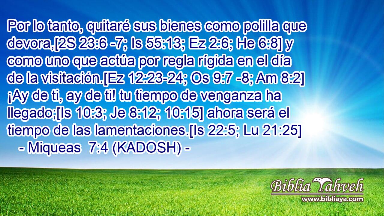  Por lo tanto, quitaré sus bienes como polilla que devora,[2S 23:6 -7; Is 55:13; Ez 2:6; He 6:8] y como uno que actúa por regla rígida en el día de la visitación.[Ez 12:23-24; Os 9:7 -8; Am 8:2] ¡Ay de ti, ay de ti! tu tiempo de venganza ha llegado;[Is 10:3; Je 8:12; 10:15] ahora será el tiempo de las lamentaciones.[Is 22:5; Lu 21:25] 