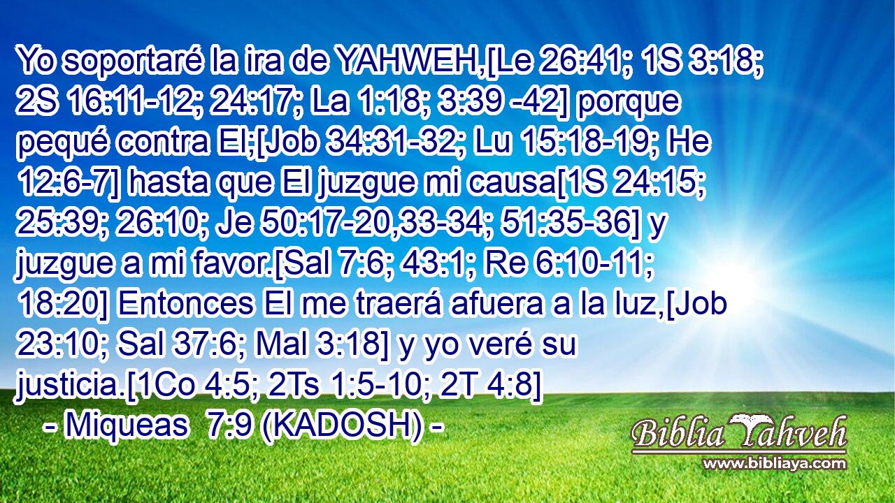  Yo soportaré la ira de YAHWEH,[Le 26:41; 1S 3:18; 2S 16:11-12; 24:17; La 1:18; 3:39 -42] porque pequé contra El;[Job 34:31-32; Lu 15:18-19; He 12:6-7] hasta que El juzgue mi causa[1S 24:15; 25:39; 26:10; Je 50:17-20,33-34; 51:35-36] y juzgue a mi favor.[Sal 7:6; 43:1; Re 6:10-11; 18:20] Entonces El me traerá afuera a la luz,[Job 23:10; Sal 37:6; Mal 3:18] y yo veré su justicia.[1Co 4:5; 2Ts 1:5-10; 2T 4:8] 