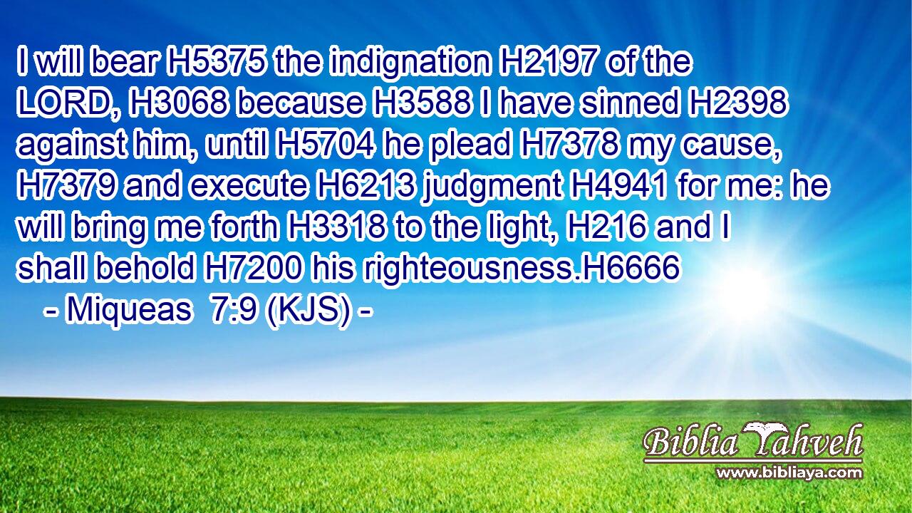 I will bear H5375 the indignation H2197 of the LORD, H3068 because H3588 I have sinned H2398 against him, until H5704 he plead H7378 my cause, H7379 and execute H6213 judgment H4941 for me: he will bring me forth H3318 to the light, H216 and I shall behold H7200 his righteousness.H6666