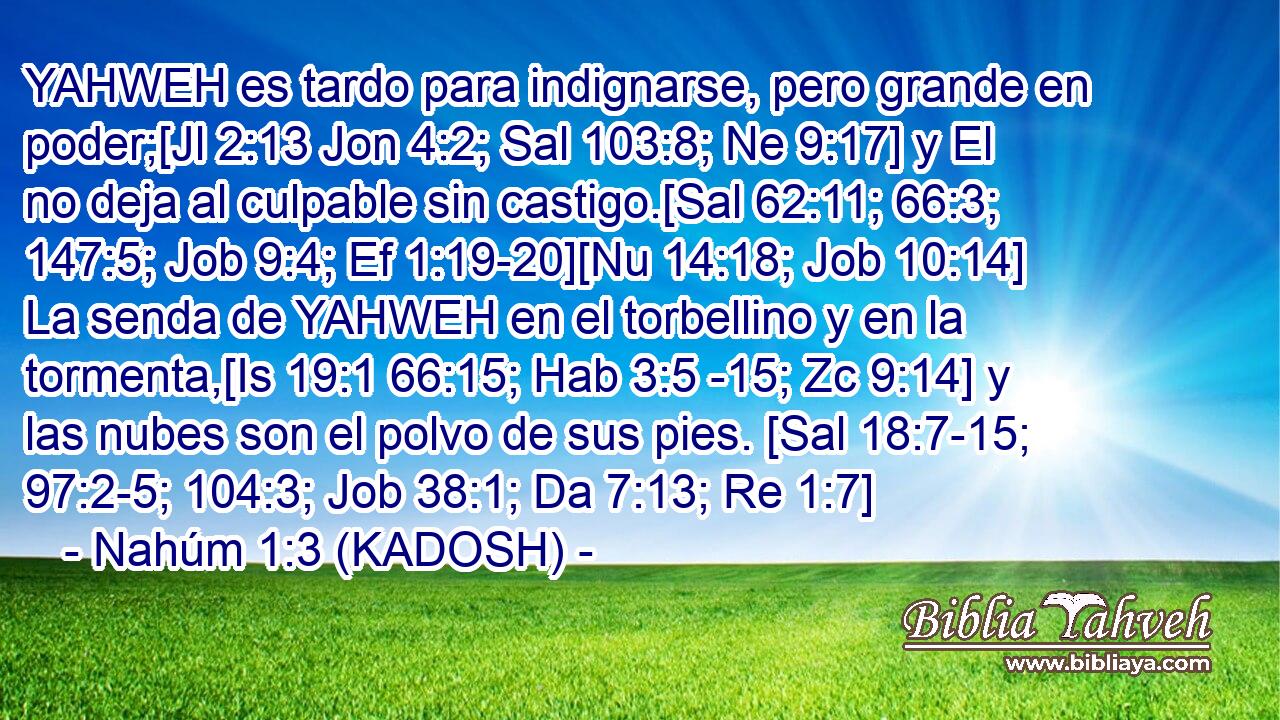  YAHWEH es tardo para indignarse, pero grande en poder;[Jl 2:13 Jon 4:2; Sal 103:8; Ne 9:17] y El no deja al culpable sin castigo.[Sal 62:11; 66:3; 147:5; Job 9:4; Ef 1:19-20][Nu 14:18; Job 10:14] La senda de YAHWEH en el torbellino y en la tormenta,[Is 19:1 66:15; Hab 3:5 -15; Zc 9:14] y las nubes son el polvo de sus pies. [Sal 18:7-15; 97:2-5; 104:3; Job 38:1; Da 7:13; Re 1:7] 