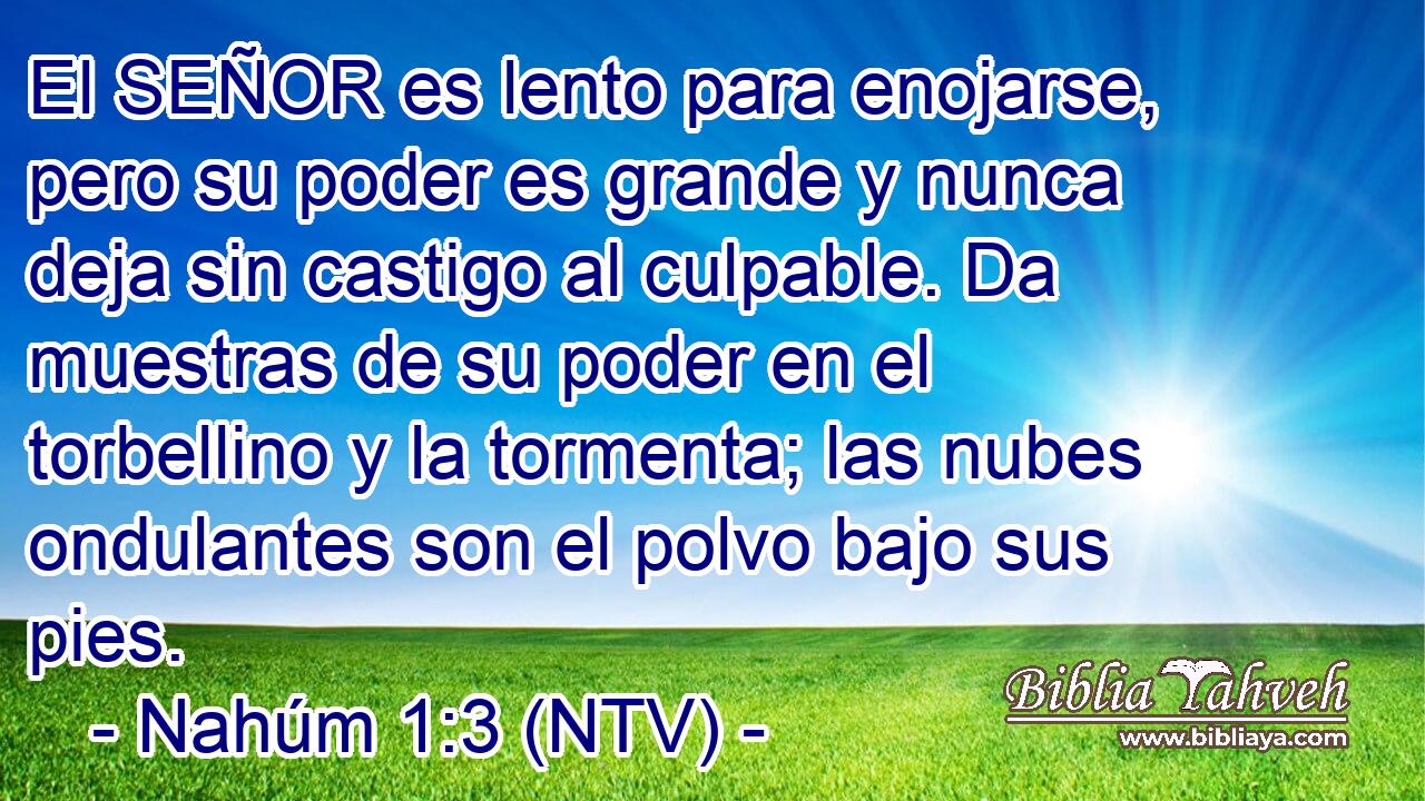 El SEÑOR es lento para enojarse, pero su poder es grande y nunca deja sin castigo al culpable. Da muestras de su poder en el torbellino y la tormenta; las nubes ondulantes son el polvo bajo sus pies.