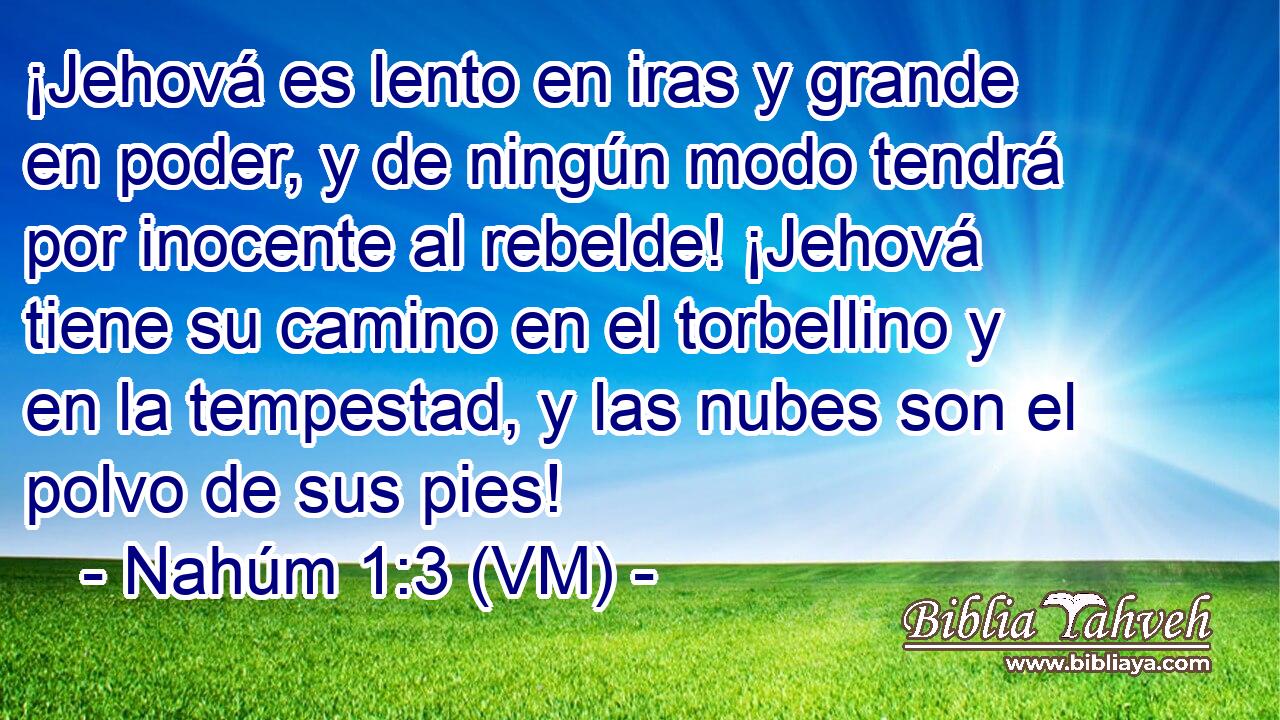  ¡Jehová es lento en iras y grande en poder, y de ningún modo tendrá por inocente al rebelde! ¡Jehová tiene su camino en el torbellino y en la tempestad, y las nubes son el polvo de sus pies! 