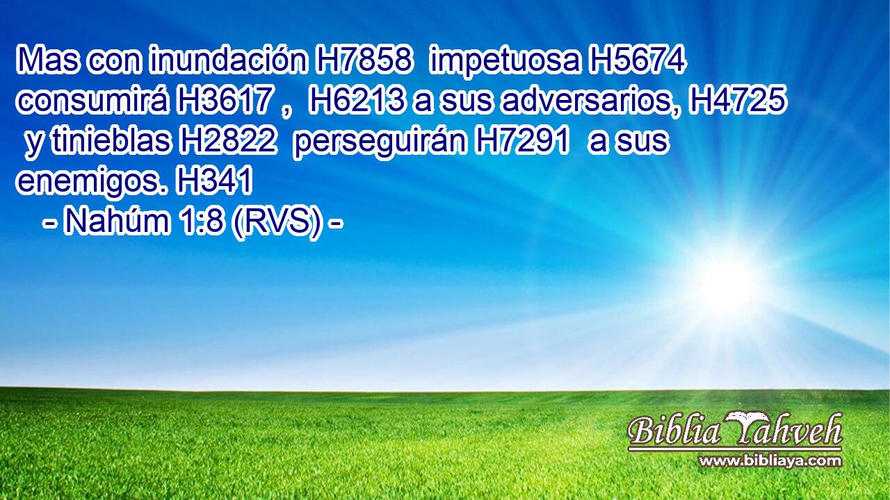 Mas con inundación H7858  impetuosa H5674  consumirá H3617 ,  H6213 a sus adversarios, H4725  y tinieblas H2822  perseguirán H7291  a sus enemigos. H341  