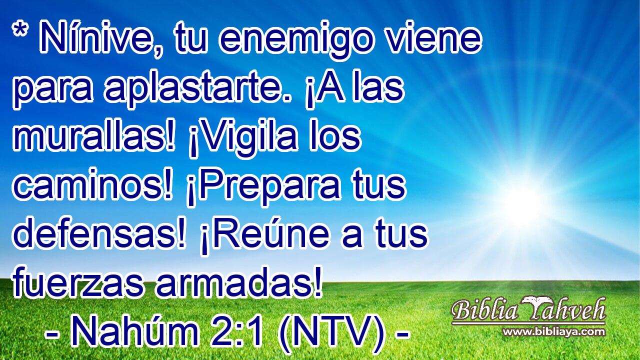 * Nínive, tu enemigo viene para aplastarte. ¡A las murallas! ¡Vigila los caminos! ¡Prepara tus defensas! ¡Reúne a tus fuerzas armadas!