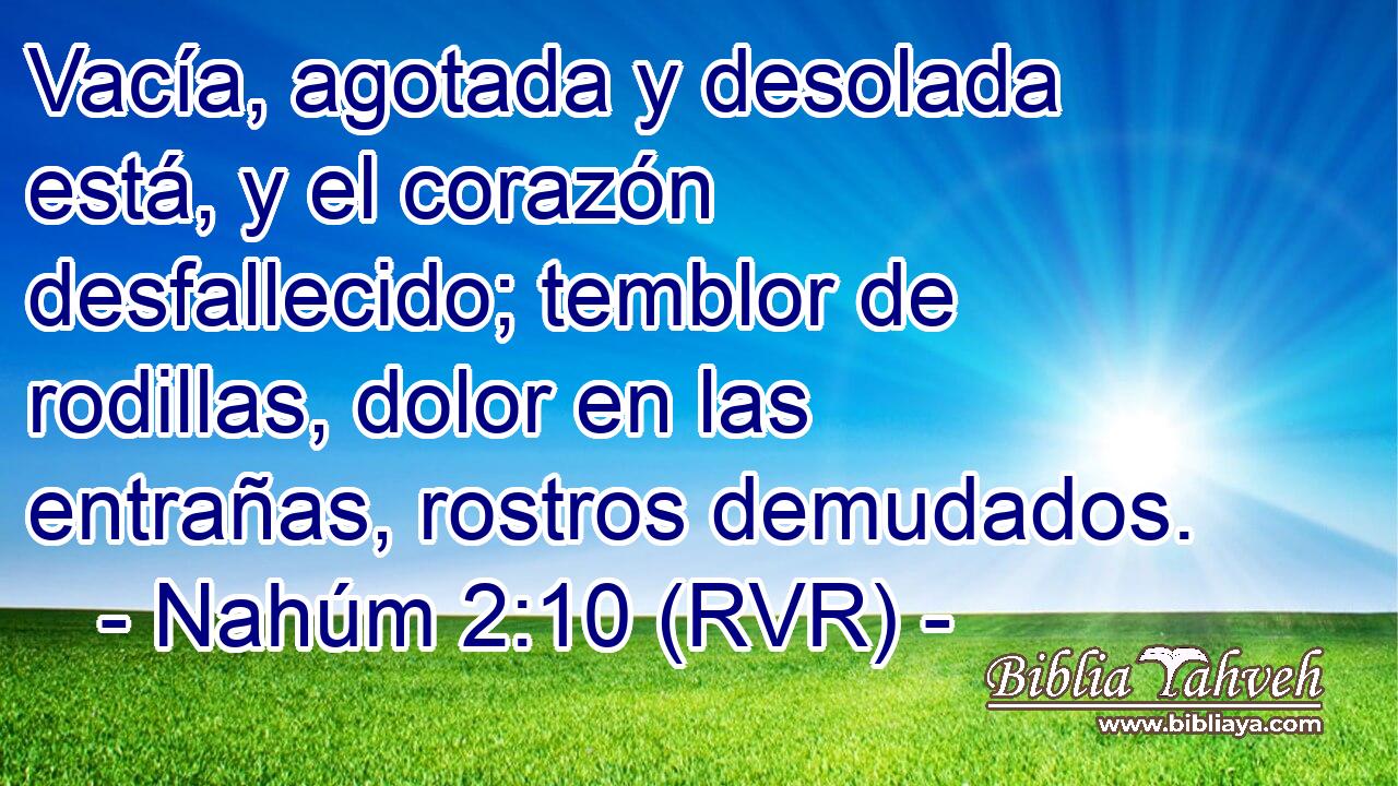 Vacía, agotada y desolada está, y el corazón desfallecido; temblor de rodillas, dolor en las entrañas, rostros demudados.